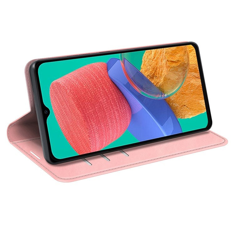 For Samsung Galaxy M33 5G (Global Version) Skin-touch Feeling PU Leather Auto Closure Magnetic Phone Case with Wallet Stand - Pink