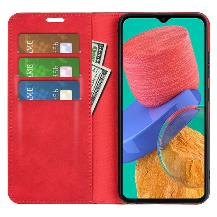 For Samsung Galaxy M33 5G (Global Version) Skin-touch Feeling PU Leather Auto Closure Magnetic Phone Case with Wallet Stand - Red