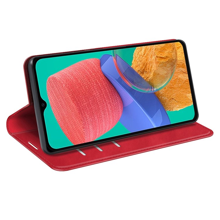 For Samsung Galaxy M33 5G (Global Version) Skin-touch Feeling PU Leather Auto Closure Magnetic Phone Case with Wallet Stand - Red