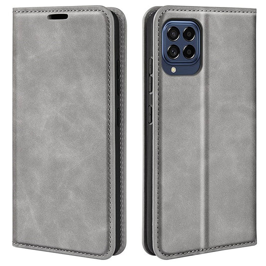 For Samsung Galaxy M33 5G (Global Version) Skin-touch Feeling PU Leather Auto Closure Magnetic Phone Case with Wallet Stand - Grey