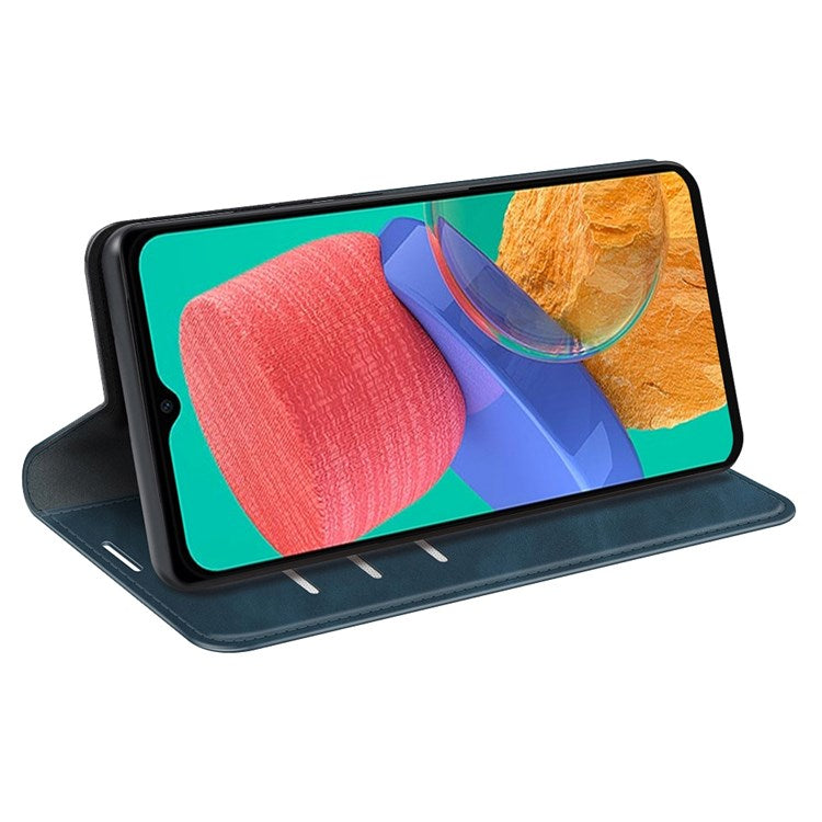 For Samsung Galaxy M33 5G (Global Version) Skin-touch Feeling PU Leather Auto Closure Magnetic Phone Case with Wallet Stand - Blue
