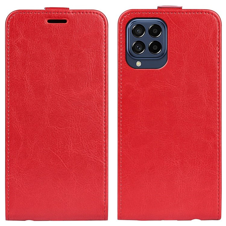 For Samsung Galaxy M33 5G (Global Version) Vertical Flip Crazy Horse Texture PU Leather Phone Case with Card Holder - Red