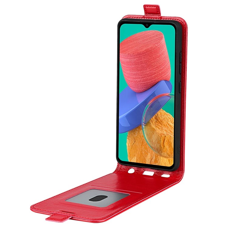 For Samsung Galaxy M33 5G (Global Version) Vertical Flip Crazy Horse Texture PU Leather Phone Case with Card Holder - Red