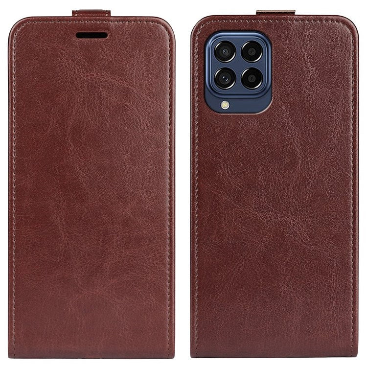 For Samsung Galaxy M33 5G (Global Version) Vertical Flip Crazy Horse Texture PU Leather Phone Case with Card Holder - Brown