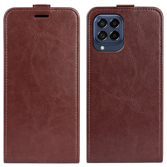 For Samsung Galaxy M33 5G (Global Version) Vertical Flip Crazy Horse Texture PU Leather Phone Case with Card Holder - Brown