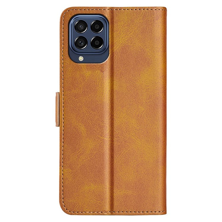 For Samsung Galaxy M33 5G (Global Version) Textured PU Leather Foldable Stand Phone Cover Magnetic Closure Wallet Flip Case - Yellow