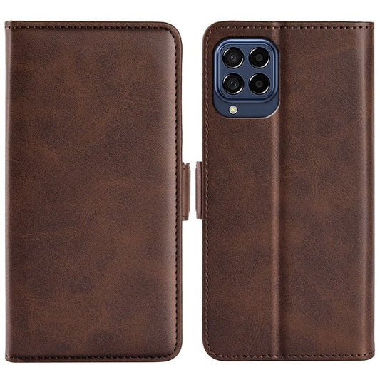 For Samsung Galaxy M33 5G (Global Version) Textured PU Leather Foldable Stand Phone Cover Magnetic Closure Wallet Flip Case - Brown