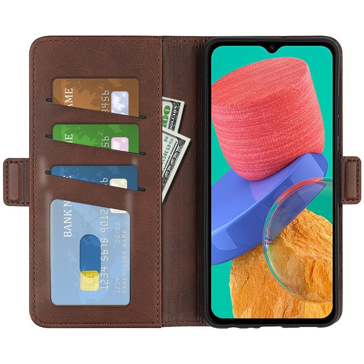 For Samsung Galaxy M33 5G (Global Version) Textured PU Leather Foldable Stand Phone Cover Magnetic Closure Wallet Flip Case - Brown