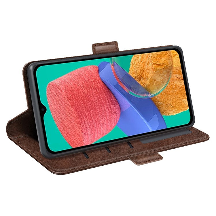 For Samsung Galaxy M33 5G (Global Version) Textured PU Leather Foldable Stand Phone Cover Magnetic Closure Wallet Flip Case - Brown