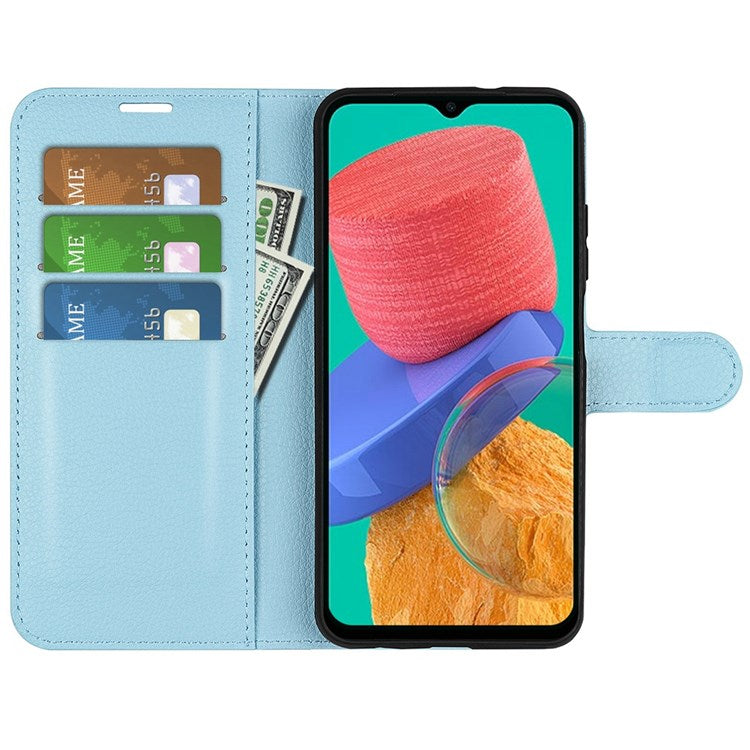 For Samsung Galaxy M33 5G (Global Version) Litchi Texture Leather Case Shockproof Stand Wallet Phone Protective Cover - Blue