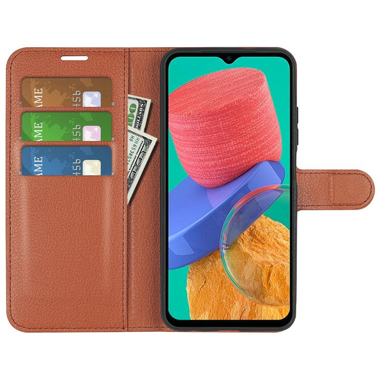 For Samsung Galaxy M33 5G (Global Version) Litchi Texture Leather Case Shockproof Stand Wallet Phone Protective Cover - Brown