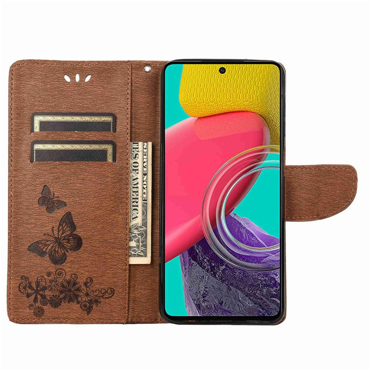 For Samsung Galaxy M53 5G Wallet Case Butterfly Flower Imprinted PU Leather Stand Flip Protective Cover with Hand Strap - Brown