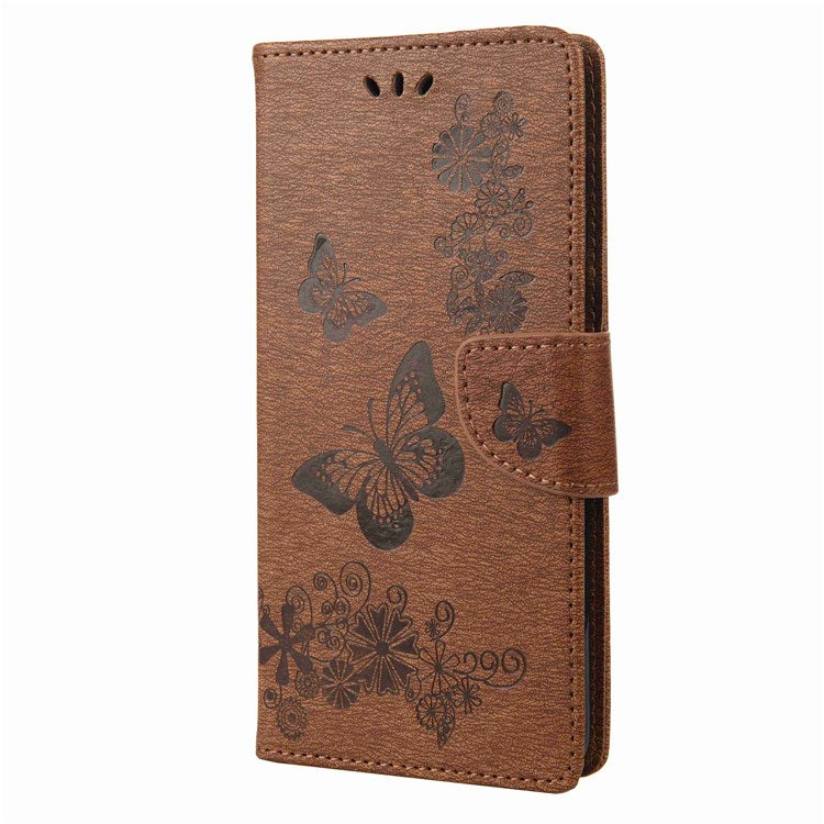 For Samsung Galaxy M53 5G Wallet Case Butterfly Flower Imprinted PU Leather Stand Flip Protective Cover with Hand Strap - Brown