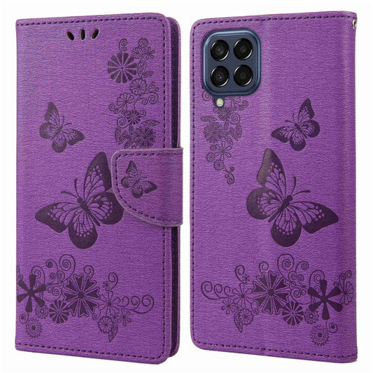 For Samsung Galaxy M53 5G Wallet Case Butterfly Flower Imprinted PU Leather Stand Flip Protective Cover with Hand Strap - Purple