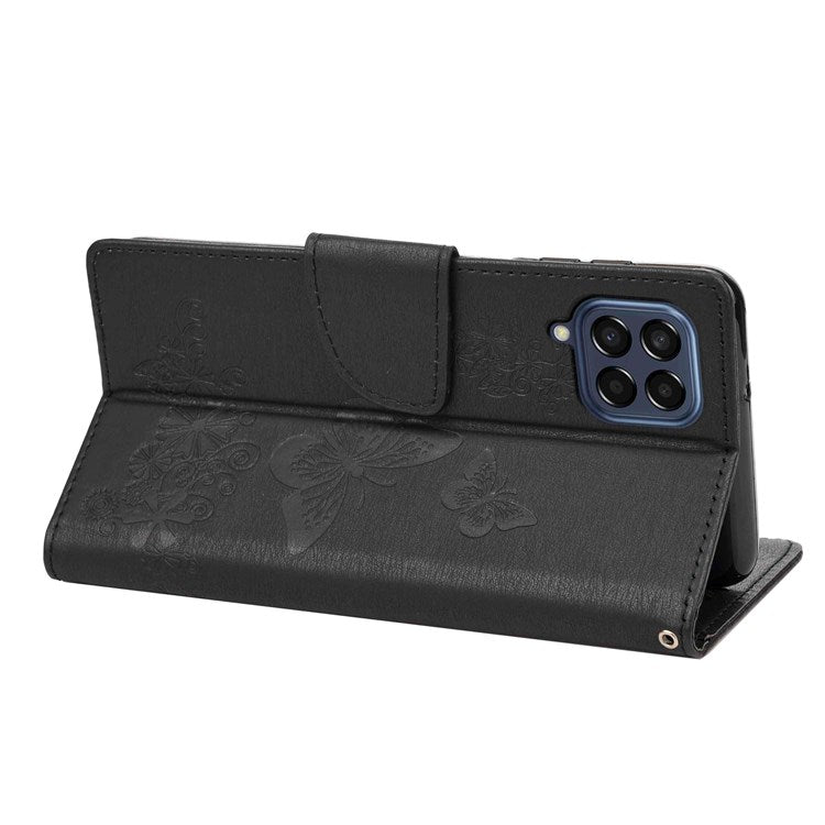 For Samsung Galaxy M53 5G Wallet Case Butterfly Flower Imprinted PU Leather Stand Flip Protective Cover with Hand Strap - Black