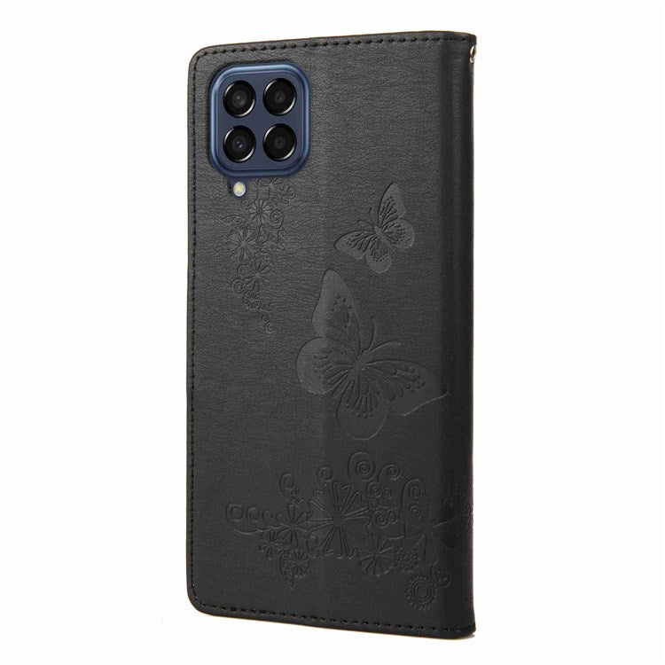 For Samsung Galaxy M53 5G Wallet Case Butterfly Flower Imprinted PU Leather Stand Flip Protective Cover with Hand Strap - Black