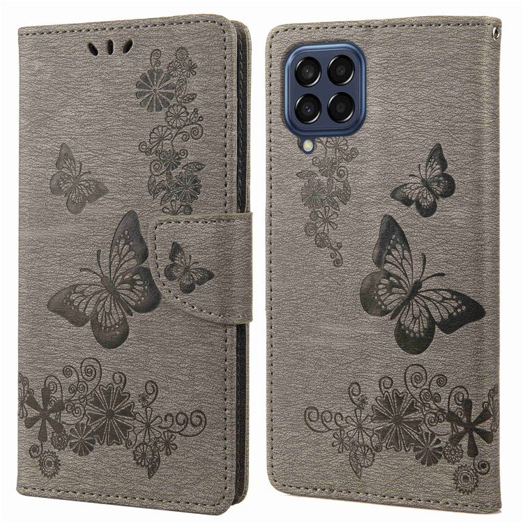 For Samsung Galaxy M53 5G Wallet Case Butterfly Flower Imprinted PU Leather Stand Flip Protective Cover with Hand Strap - Grey