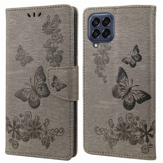 For Samsung Galaxy M53 5G Wallet Case Butterfly Flower Imprinted PU Leather Stand Flip Protective Cover with Hand Strap - Grey