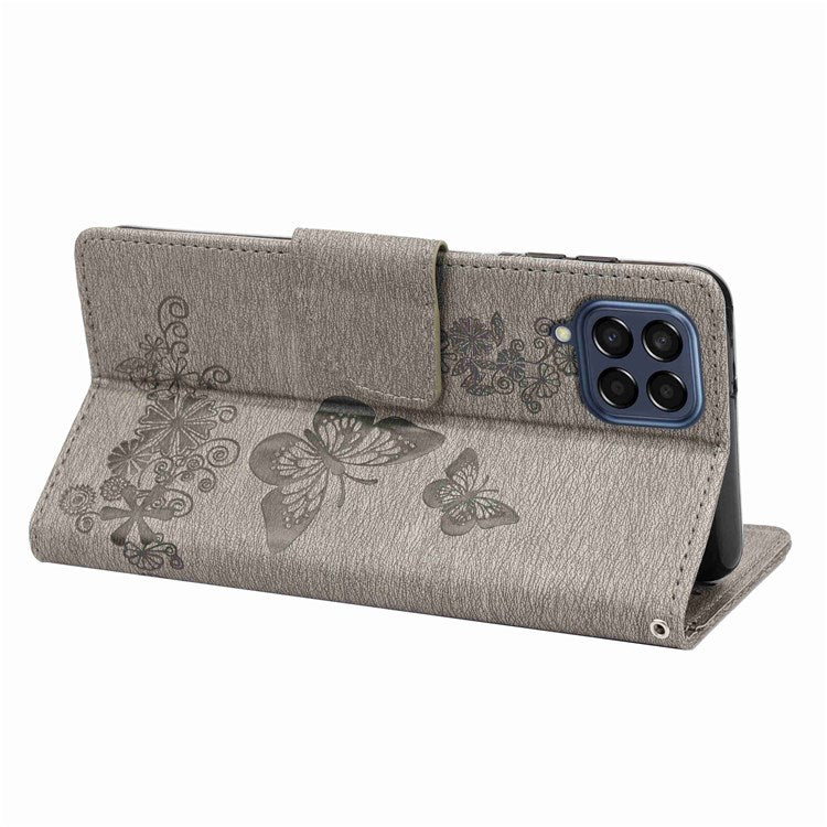 For Samsung Galaxy M53 5G Wallet Case Butterfly Flower Imprinted PU Leather Stand Flip Protective Cover with Hand Strap - Grey