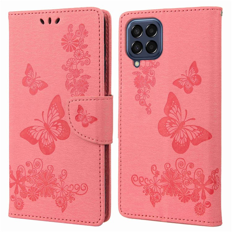 For Samsung Galaxy M53 5G Wallet Case Butterfly Flower Imprinted PU Leather Stand Flip Protective Cover with Hand Strap - Pink