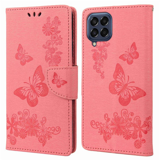 For Samsung Galaxy M53 5G Wallet Case Butterfly Flower Imprinted PU Leather Stand Flip Protective Cover with Hand Strap - Pink