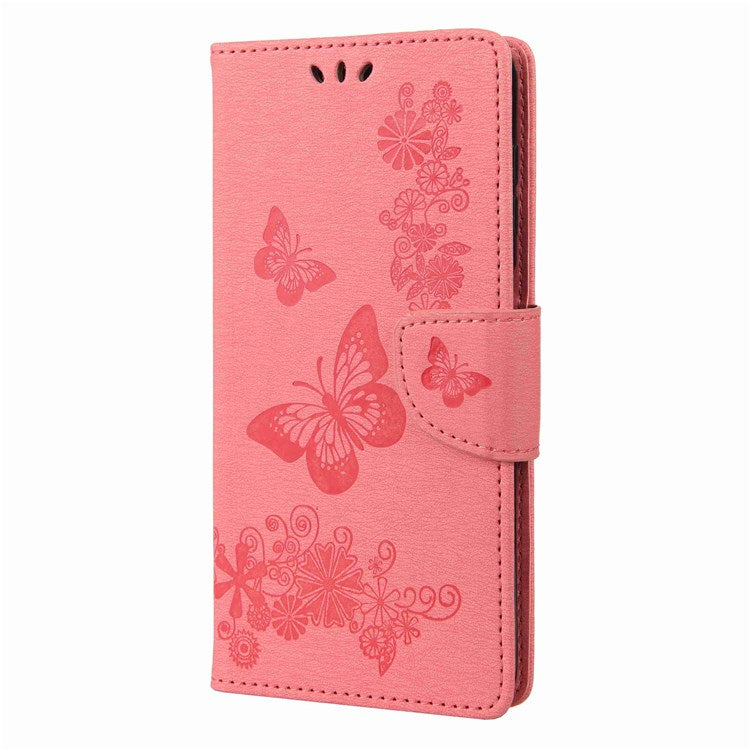 For Samsung Galaxy M53 5G Wallet Case Butterfly Flower Imprinted PU Leather Stand Flip Protective Cover with Hand Strap - Pink