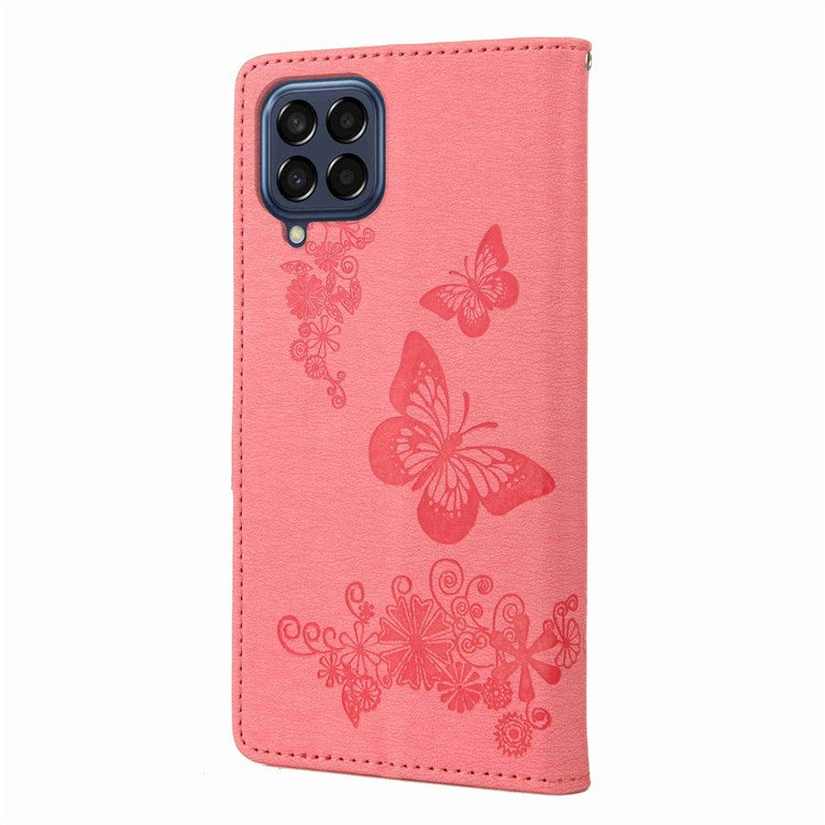 For Samsung Galaxy M53 5G Wallet Case Butterfly Flower Imprinted PU Leather Stand Flip Protective Cover with Hand Strap - Pink