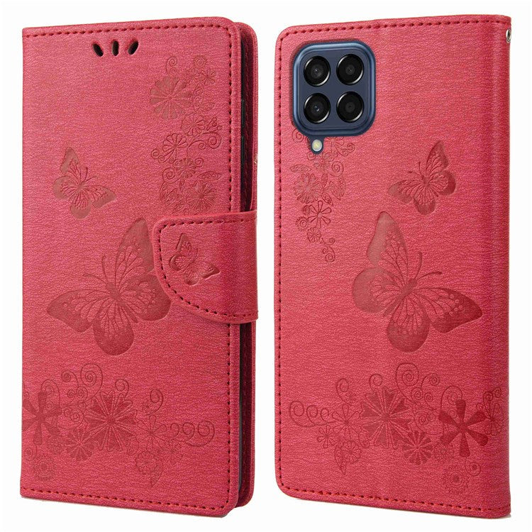 For Samsung Galaxy M53 5G Wallet Case Butterfly Flower Imprinted PU Leather Stand Flip Protective Cover with Hand Strap - Red