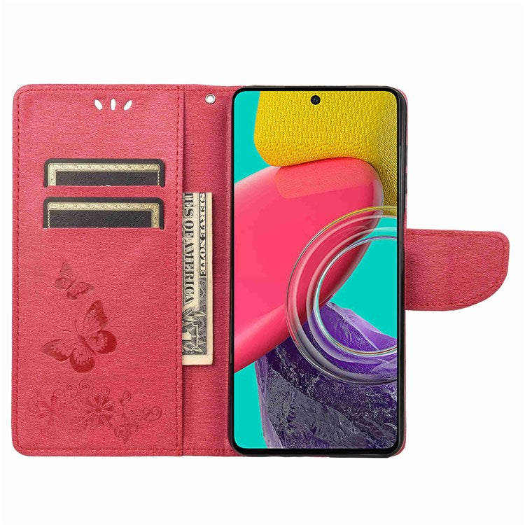 For Samsung Galaxy M53 5G Wallet Case Butterfly Flower Imprinted PU Leather Stand Flip Protective Cover with Hand Strap - Red