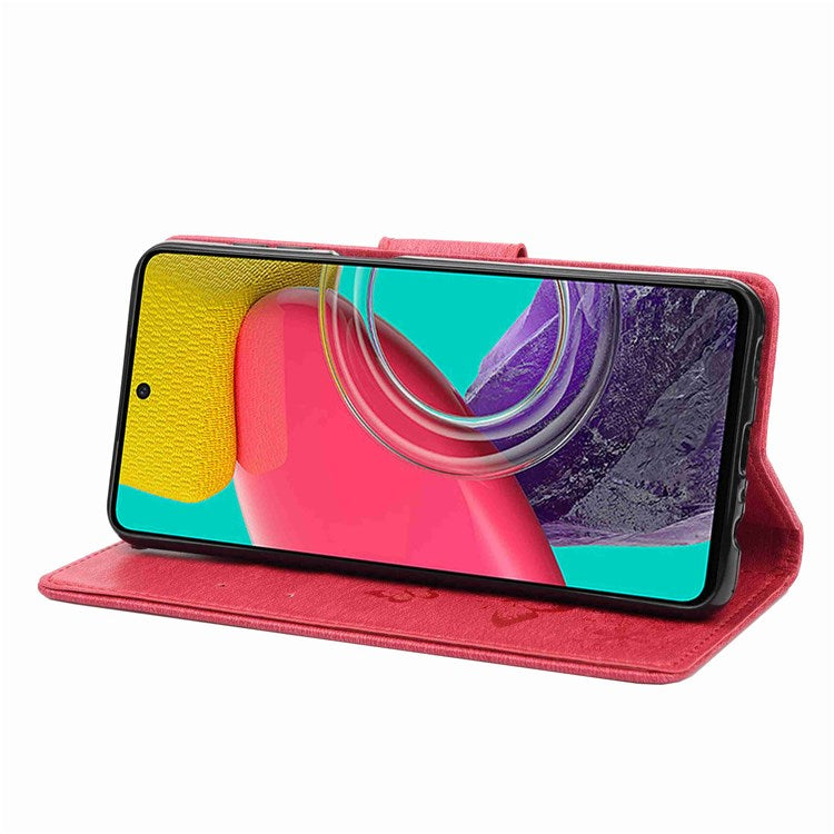 For Samsung Galaxy M53 5G Wallet Case Butterfly Flower Imprinted PU Leather Stand Flip Protective Cover with Hand Strap - Red