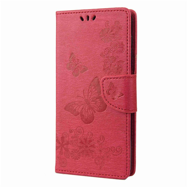 For Samsung Galaxy M53 5G Wallet Case Butterfly Flower Imprinted PU Leather Stand Flip Protective Cover with Hand Strap - Red