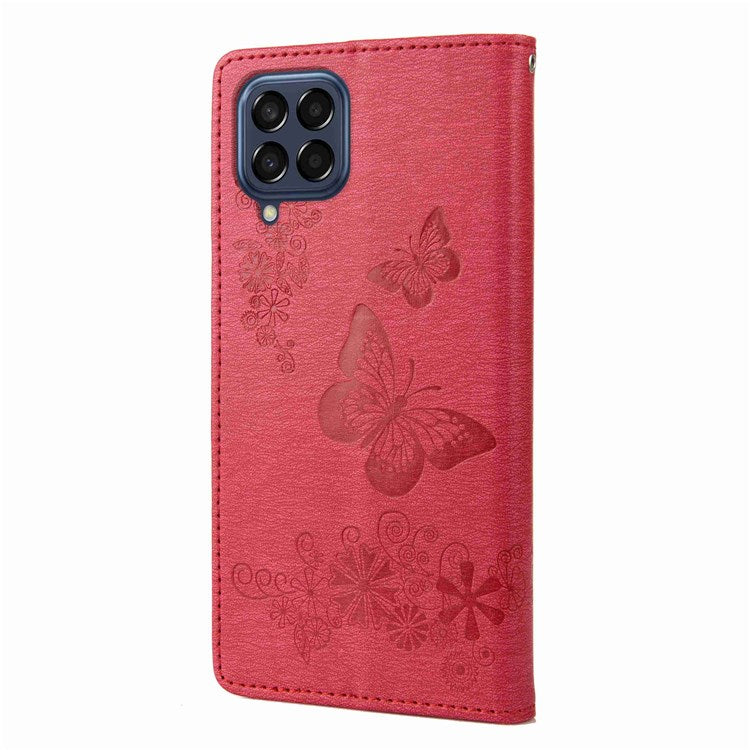 For Samsung Galaxy M53 5G Wallet Case Butterfly Flower Imprinted PU Leather Stand Flip Protective Cover with Hand Strap - Red