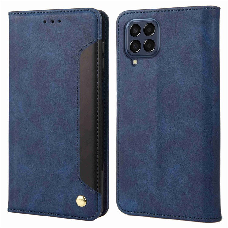 For Samsung Galaxy M53 5G Splicing PU Leather Skin-touch Feeling Case Stand Magnetic Absorption Full Protection Flip Folio Wallet Cover - Blue