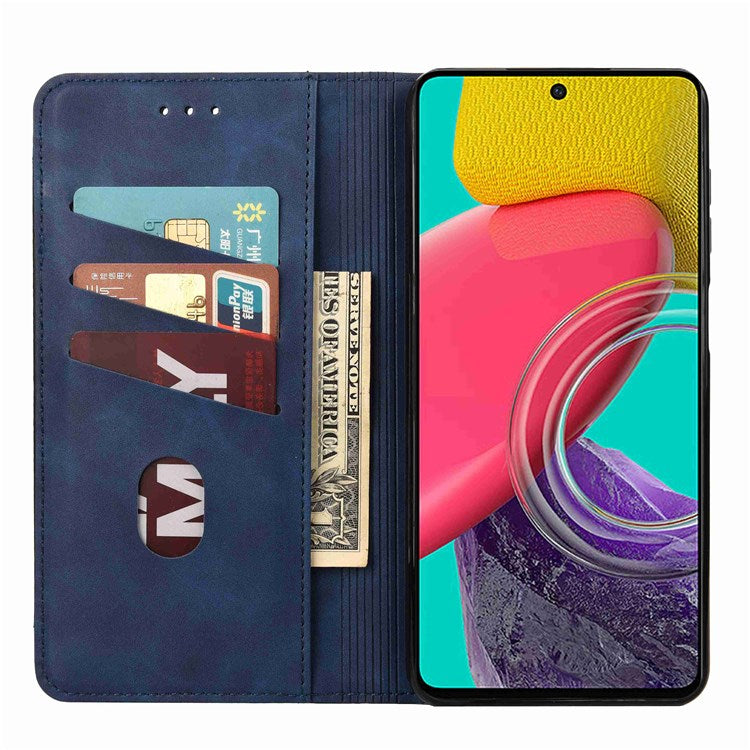 For Samsung Galaxy M53 5G Splicing PU Leather Skin-touch Feeling Case Stand Magnetic Absorption Full Protection Flip Folio Wallet Cover - Blue