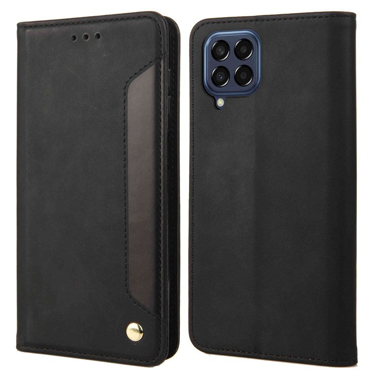 For Samsung Galaxy M53 5G Splicing PU Leather Skin-touch Feeling Case Stand Magnetic Absorption Full Protection Flip Folio Wallet Cover - Black