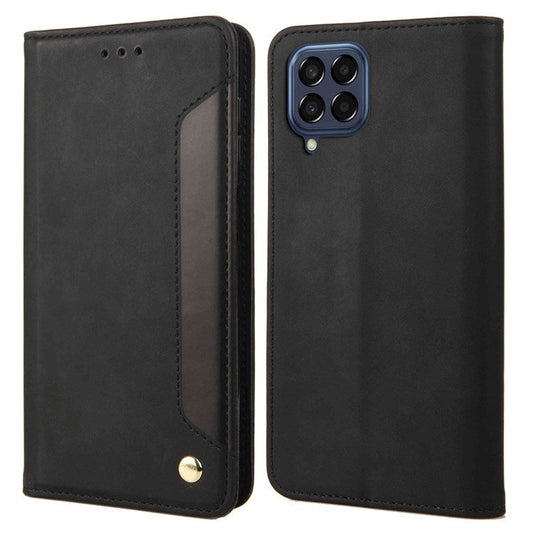 For Samsung Galaxy M53 5G Splicing PU Leather Skin-touch Feeling Case Stand Magnetic Absorption Full Protection Flip Folio Wallet Cover - Black