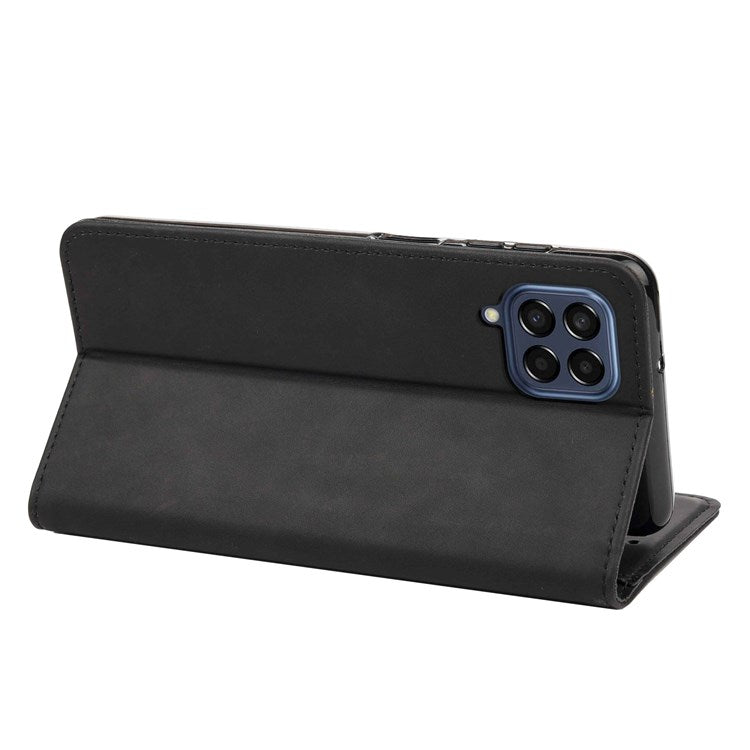 For Samsung Galaxy M53 5G Splicing PU Leather Skin-touch Feeling Case Stand Magnetic Absorption Full Protection Flip Folio Wallet Cover - Black