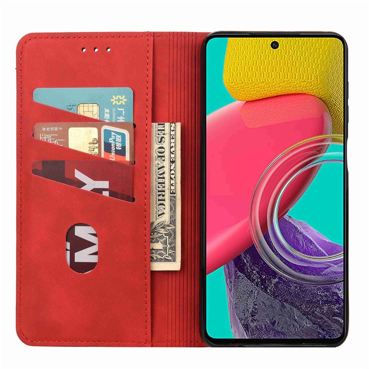 For Samsung Galaxy M53 5G Splicing PU Leather Skin-touch Feeling Case Stand Magnetic Absorption Full Protection Flip Folio Wallet Cover - Red