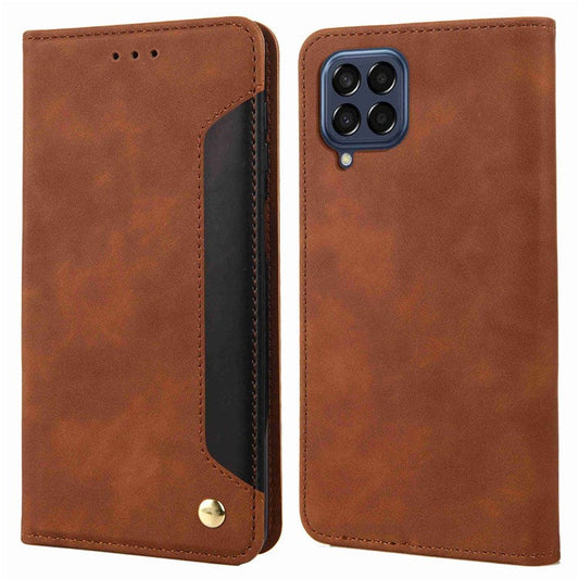 For Samsung Galaxy M53 5G Splicing PU Leather Skin-touch Feeling Case Stand Magnetic Absorption Full Protection Flip Folio Wallet Cover - Brown