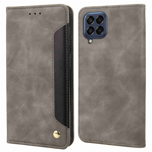 For Samsung Galaxy M53 5G Splicing PU Leather Skin-touch Feeling Case Stand Magnetic Absorption Full Protection Flip Folio Wallet Cover - Grey