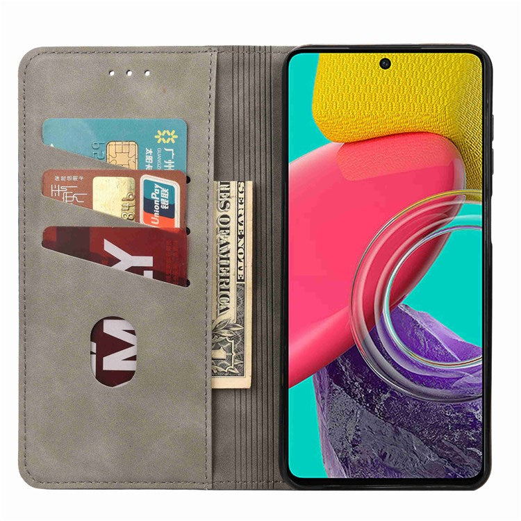 For Samsung Galaxy M53 5G Splicing PU Leather Skin-touch Feeling Case Stand Magnetic Absorption Full Protection Flip Folio Wallet Cover - Grey