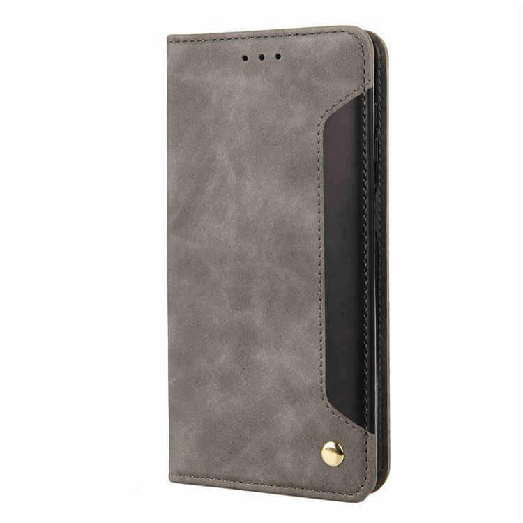 For Samsung Galaxy M53 5G Splicing PU Leather Skin-touch Feeling Case Stand Magnetic Absorption Full Protection Flip Folio Wallet Cover - Grey