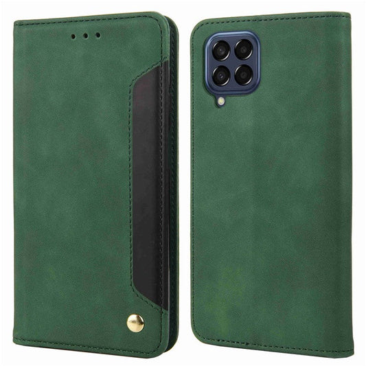 For Samsung Galaxy M53 5G Splicing PU Leather Skin-touch Feeling Case Stand Magnetic Absorption Full Protection Flip Folio Wallet Cover - Green