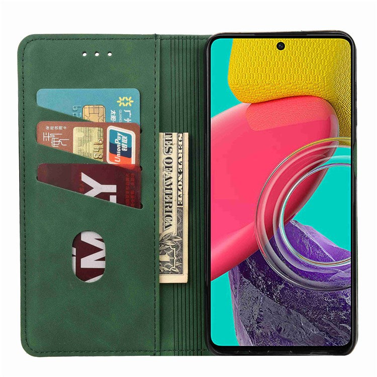 For Samsung Galaxy M53 5G Splicing PU Leather Skin-touch Feeling Case Stand Magnetic Absorption Full Protection Flip Folio Wallet Cover - Green
