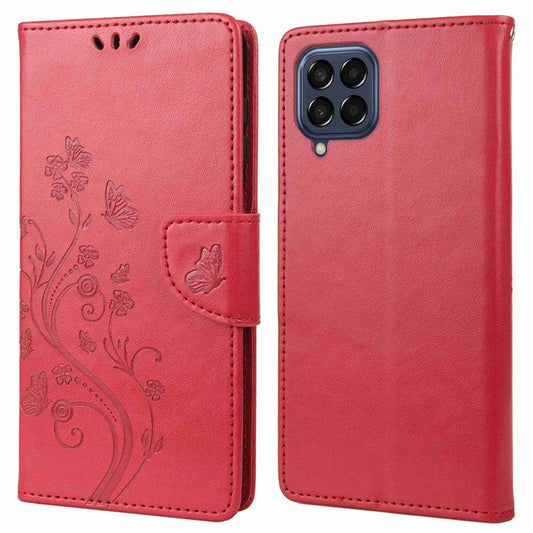 For Samsung Galaxy M53 5G Imprinted Butterflies Flowers PU Leather Flip Case Wallet Style Stand Shockproof Protective Cover with Strap - Red