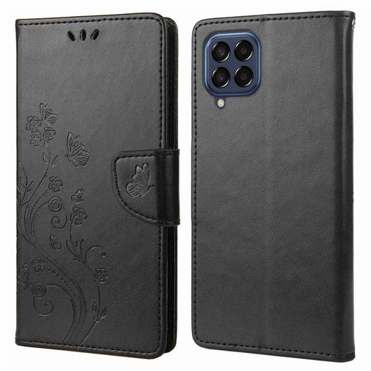 For Samsung Galaxy M53 5G Imprinted Butterflies Flowers PU Leather Flip Case Wallet Style Stand Shockproof Protective Cover with Strap - Black