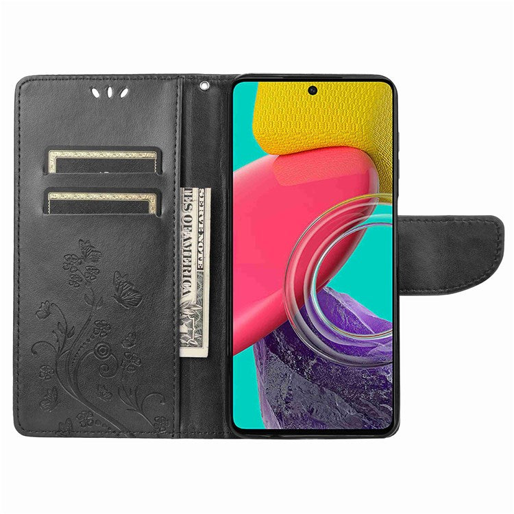 For Samsung Galaxy M53 5G Imprinted Butterflies Flowers PU Leather Flip Case Wallet Style Stand Shockproof Protective Cover with Strap - Black
