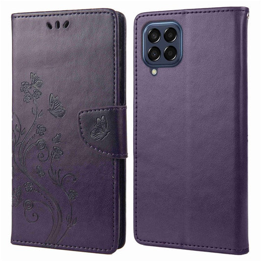 For Samsung Galaxy M53 5G Imprinted Butterflies Flowers PU Leather Flip Case Wallet Style Stand Shockproof Protective Cover with Strap - Purple