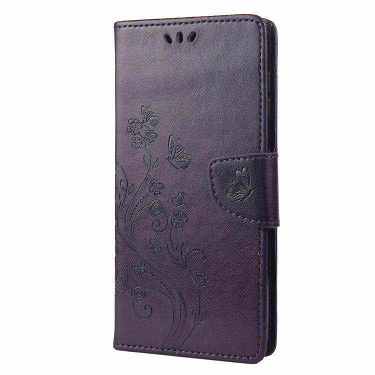 For Samsung Galaxy M53 5G Imprinted Butterflies Flowers PU Leather Flip Case Wallet Style Stand Shockproof Protective Cover with Strap - Purple