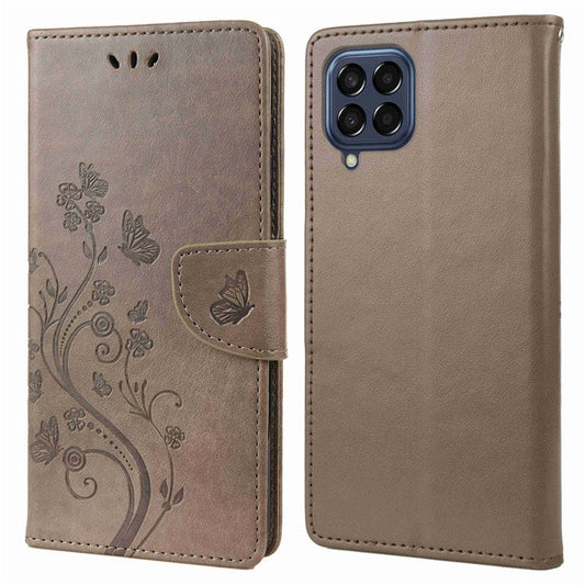 For Samsung Galaxy M53 5G Imprinted Butterflies Flowers PU Leather Flip Case Wallet Style Stand Shockproof Protective Cover with Strap - Grey